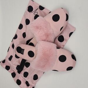 Victoria's Secret VS Pink Black Polka Dot Fuzzy Slippers Size Medium